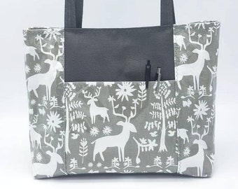 Handmade fabric bag, Handbag with pockets, handmade fabric purse, medium size bag, Deer and elk pattern, Gift for her, shoulder bag, purse