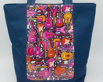 Handmade bag, Fabric handbag, Tote bag with pockets, Large purse, Guitar tote, Gift for her, Guitar pattern bag, Music teacher gift