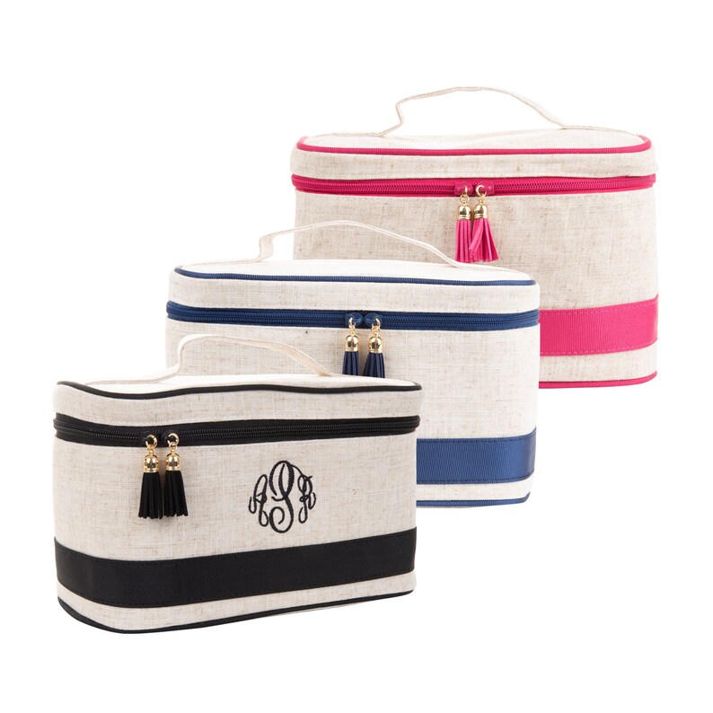 Linen Monogram Train Case Cosmetic Bag Toiletry Kit Etsy