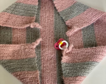 Security Blanket Girl - Knotted with Pacifier - Pink/Gray Strip - Snuggler, Cuddle - Super soft