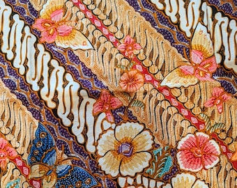 Japanese Hokokai Batik, Hokokai Style Batik Tulis with Parang, Butterflies, Flowers, Hand Drawn Indonesian Batik Fabric, Made in Indonesia