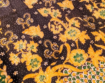 Dark Brown Yellow-Orange Batik Lasem Indonesia, Handwritten Batik Tulis, Indonesian Textile, Batik Fabric with Butterflies, Hand Drawn Batik