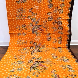 Hand Drawn Indonesian Batik with Floral Design, Orange Indonesian Batik Fabric, Full Batik Tulis Madura, Handwritten Indonesian Batik