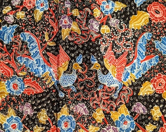 Indonesian Batik Lasem, Handwritten Batik Tulis, Red, Black, and Blue Batik Sarong with Phoenix, Hand Drawn Indonesian Batik Fabric