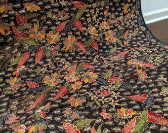 Hand Drawn Indonesian Batik with Floral Plant, Full Batik Tulis Tanjungbumi, Dark Brown Black Indonesian Batik Fabric, Made in Indonesia