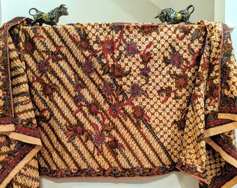 Batik Lasem Indonesia, Pagi Sore Handwritten Batik Tulis, Kawung and Parang Design with Floral Plant, Hand Drawn Indonesian Batik Fabric