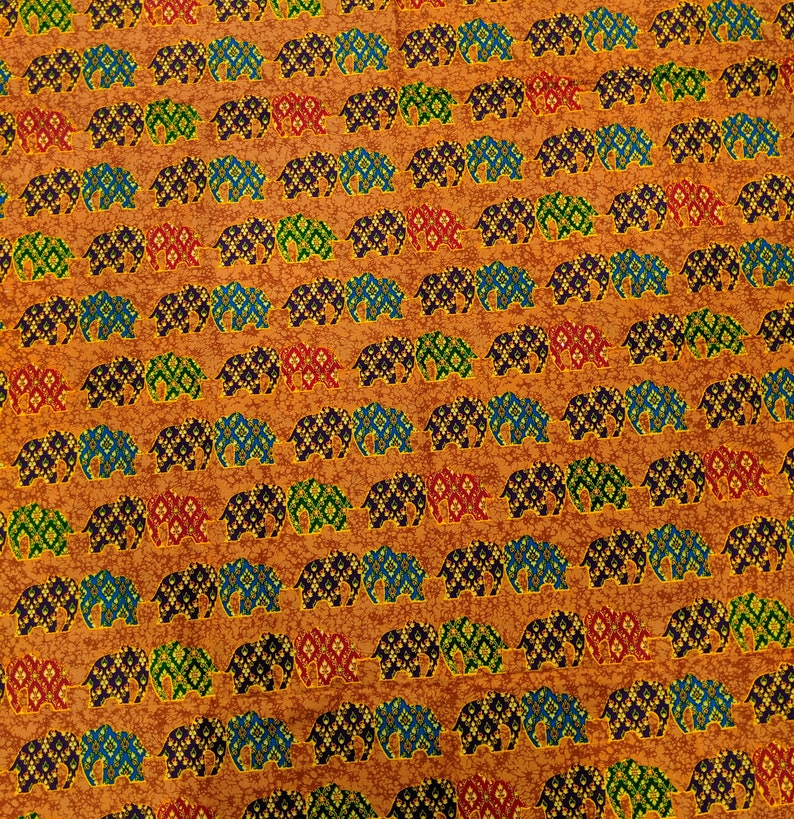 Thai Fabric Elephant Design Orange Cotton Batik Style Printed Fabric Batik Fabric Sewing Fabric Sarong Wrap Skirt