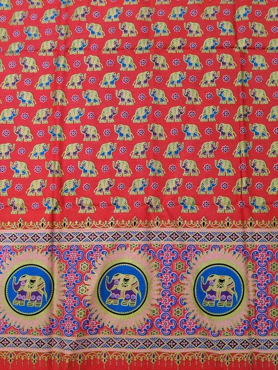 Thai Fabric Elephant Design Orange Cotton Batik Style Printed Fabric Batik Fabric Sewing Fabric Sarong Wrap Skirt