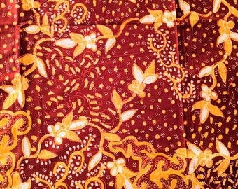 Floral Batik Lasem Indonesia, Dark Red-Orange Handwritten Batik Tulis, Indonesian Textile, Hand Drawn Batik Fabric, Cotton Batik Sarong