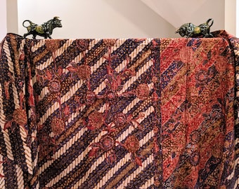 Batik Lasem Indonesia, Handwritten Batik Tulis, Purple, Brown, Red Parang Design with Floral Plant, Hand Drawn Indonesian Batik Fabric