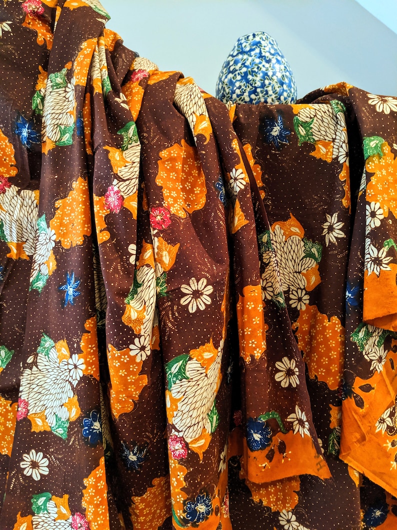 Full Batik Tulis Tanjungbumi Hand Drawn Indonesian Batik with Stripe Floral Made in Indonesia Orange Brown Indonesian Batik Fabric