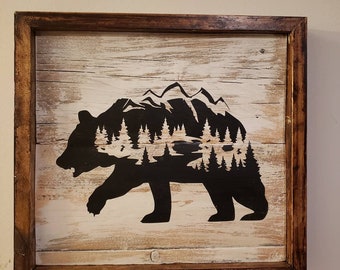 Rustic Bear Wall Hanging,wooden wall art,barnwood,silhouette,bear,sign,gift,nursery,wall,decor,cottage,cabin,farmhouse,animal art,wood,frame