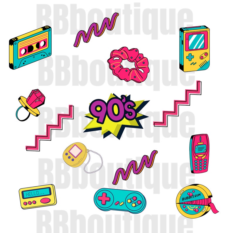 May include: A collection of 90s themed illustrations including a cassette tape, a scrunchie, a game console, a Tamagotchi, a cell phone, a bubble gum dispenser, a ring with a gem, a game controller, and a yellow speech bubble with the text "90's".