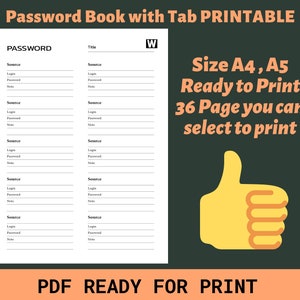 Password Log Book With Tab Alphabetical and 0-9 Printable Size - Etsy
