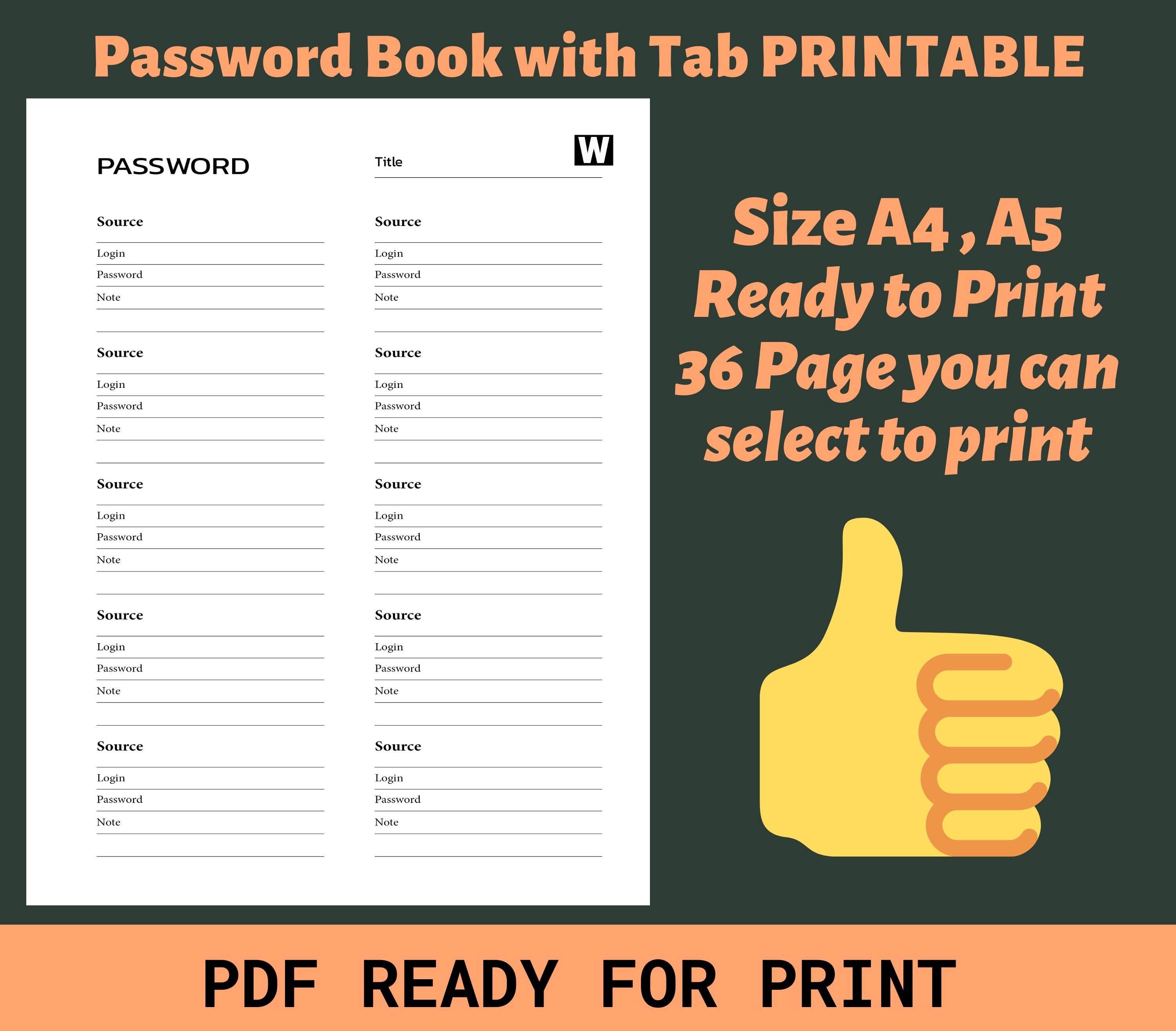 Password Log Book With Tab Alphabetical and 0-9 Printable Size - Etsy