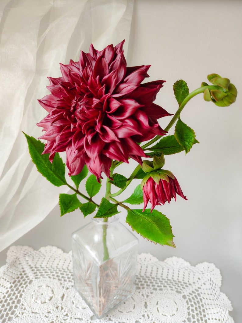 Dahlia flower for floral home decor. Burgundy flowers. Interior bouquet. Flower in vase. Handmade flowers. Cold porcelain flowers. image 8