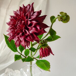 Dahlia flower for floral home decor. Burgundy flowers. Interior bouquet. Flower in vase. Handmade flowers. Cold porcelain flowers. image 9