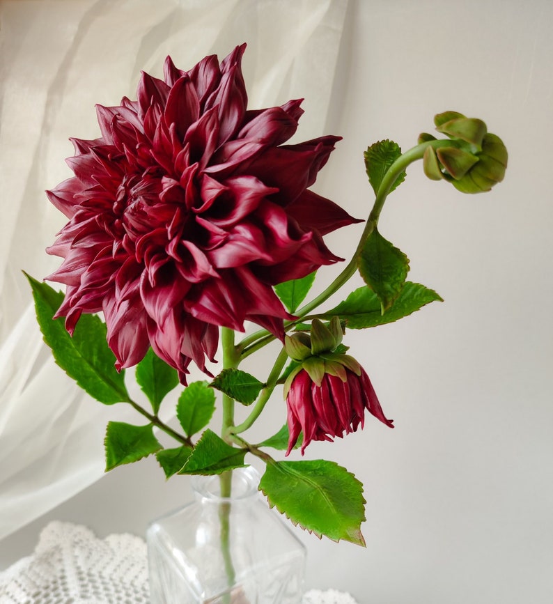 Dahlia flower for floral home decor. Burgundy flowers. Interior bouquet. Flower in vase. Handmade flowers. Cold porcelain flowers. image 9