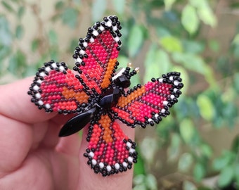 Butterfly Brooch. Handmade butterfly brooch made of beads. Red Butterfly Brooch. Insect. Beaded butterfly.