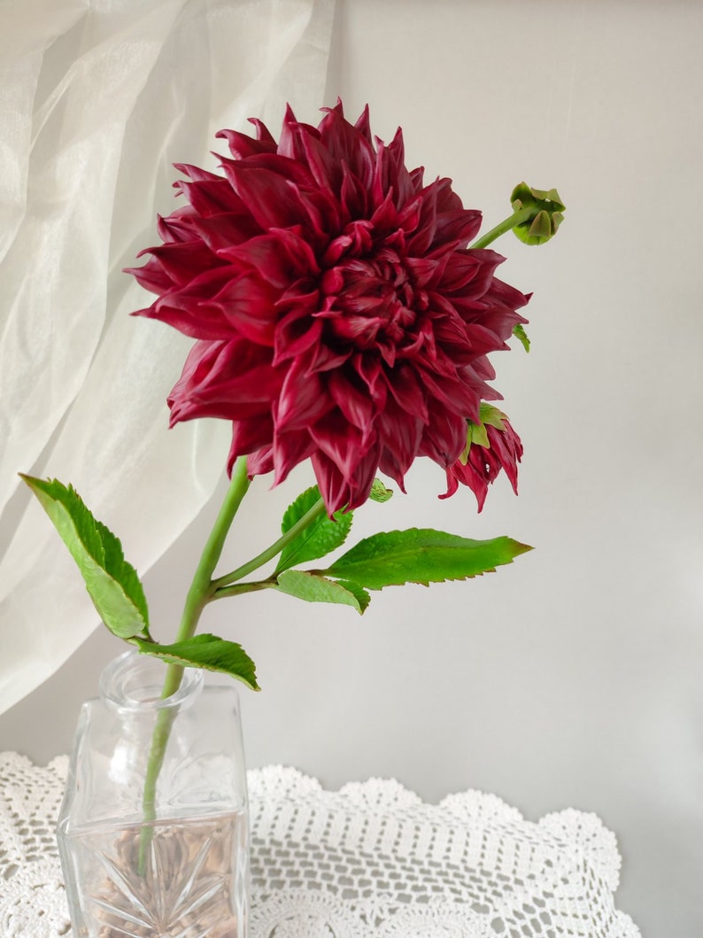 Dahlia flower for floral home decor. Burgundy flowers. Interior bouquet. Flower in vase. Handmade flowers. Cold porcelain flowers. image 7