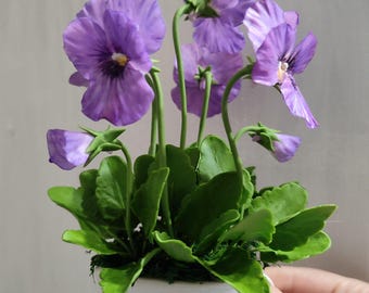 Pansy flowers. Pansies in a pot. Viola. Composition of violets. Polymer clay flower. Bouquet of pansies. Artificial bouquet. Cold porcelain.