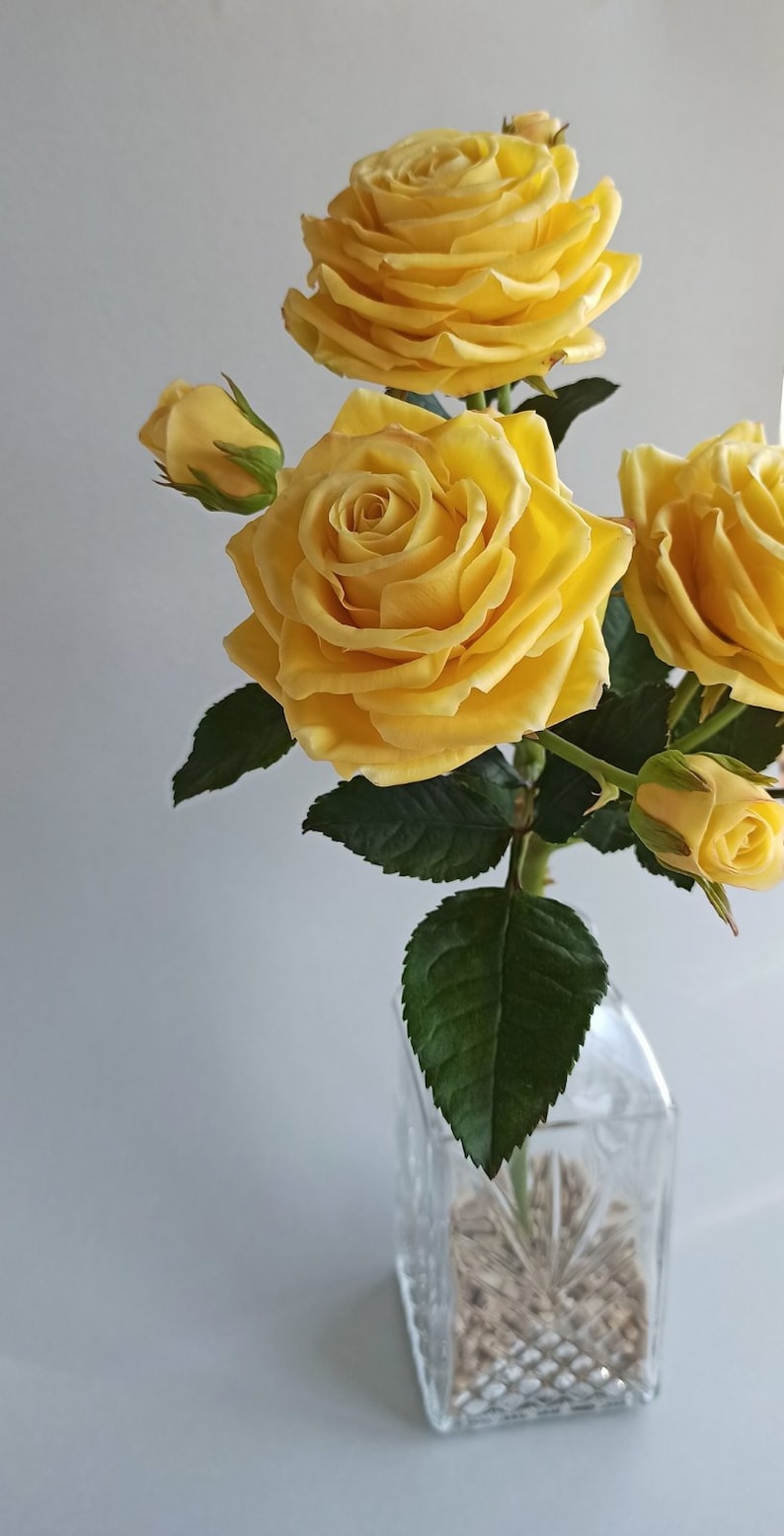 May include: A bouquet of yellow roses in a clear glass vase with a textured surface. The roses are arranged in a simple, elegant style.