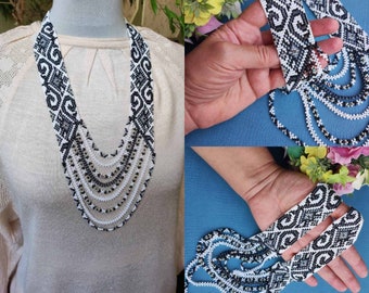 Beaded necklace with ornaments. Black, white, gray necklace. Long necklace, beads, Ukrainian gerdan. Traditional Ukrainian jewelry - gerdan.