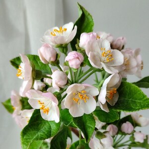 リンゴの花。花を咲かせたリンゴの枝。春の花。ポリマー粘土の花。リアルな感触の花。