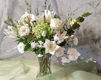 Real touch flowers in vase. Polymer clay bouquet for Home Decor and Interior. Cold Porcelain flowers for gift. Artificial flower arrangement
