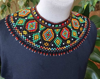 Ukrainian colorful ethnic handmade bead necklace. Collar of beads .Black wide necklace , selyanka. Necklace in ethnic style. Necklace amulet