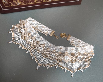 Handmade choker necklace with fringe. White, gold beaded necklace. Beaded jewelry. Necklace with fringe. Choker jewelry pendantwith ornament