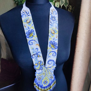 Long beaded necklace with national Ukrainian pattern. Traditional Ukrainian gerdan with flowers and bird. Blue Gerdan Ukrainian necklace.