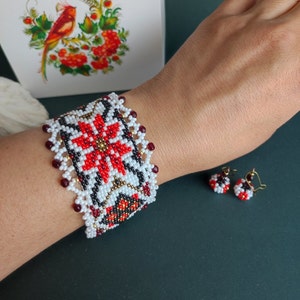 Beaded bracelet with ethnic ornaments. Ukrainian bracelet and earrings . A set of jewelry for her. Bracelet + earrings as a gift!