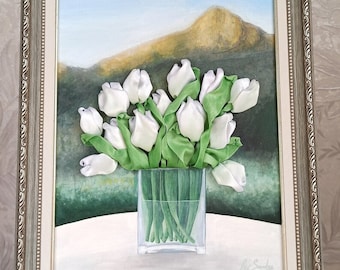 Silk Ribbon framed Embroidery. Embroidered picture. Floral Embroidery. Wall art Embroidered. 3d Picture Ribbon Embroidery. Embroidered tulip