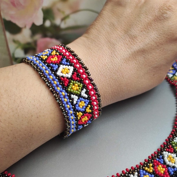 Bracelet. Ukrainian style beaded bracelet. Multicolor bracelet with ethnic ornaments. Colorful bracelet in boho style. Ukrainian bracelet.