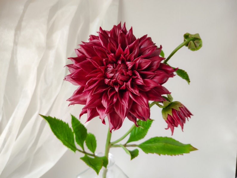 Dahlia flower for floral home decor. Burgundy flowers. Interior bouquet. Flower in vase. Handmade flowers. Cold porcelain flowers. image 10