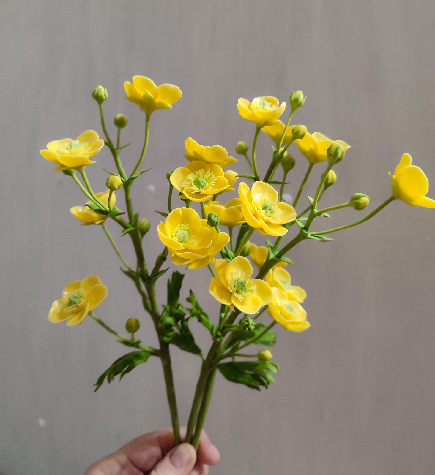 Buttercup flowers. Ranuncylus acris. Cold porcelain flowers for the interior or Home decor. Wildflowers. Real touch flower arrangement.