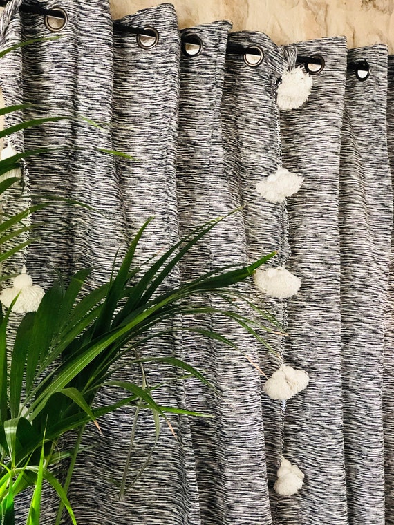 Black Curtains And White White Pom Poms 100 Handmade Cotton Etsy