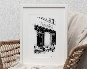 Délices Alexandria Egypt Print, Délices Patisserie Art Print, Arabic Calligraphy, Hand Drawing, Urban Sketch, Historic Architecture Drawing