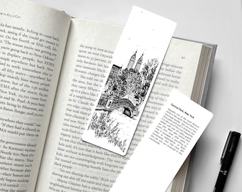 May include: Black and white line art illustration of Central Park in New York City. The illustration shows a bridge over a body of water with trees and buildings in the background. The text "Central Park, New York" is written in black text on a white background.