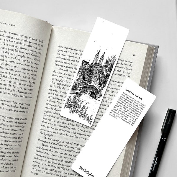 Central Park Bookmark, New York Bookmark, New York Gift, Bow Bridge Bookmark, NYC Hand Drawing, Architecture Bookmark, Reader Gift