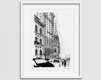 Fifth Avenue Print, New York Art Print, New York City Taxi, Manhattan Print, New York Architecture Hand Drawing, New York Illustration