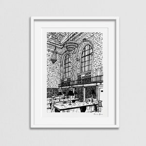 New York Public Library Print, Bryant Park Library, NYC Ręcznie rysowany wydruk artystyczny, NYPL, Ilustracja książkowa, Plakat architektoniczny Nowego Jorku