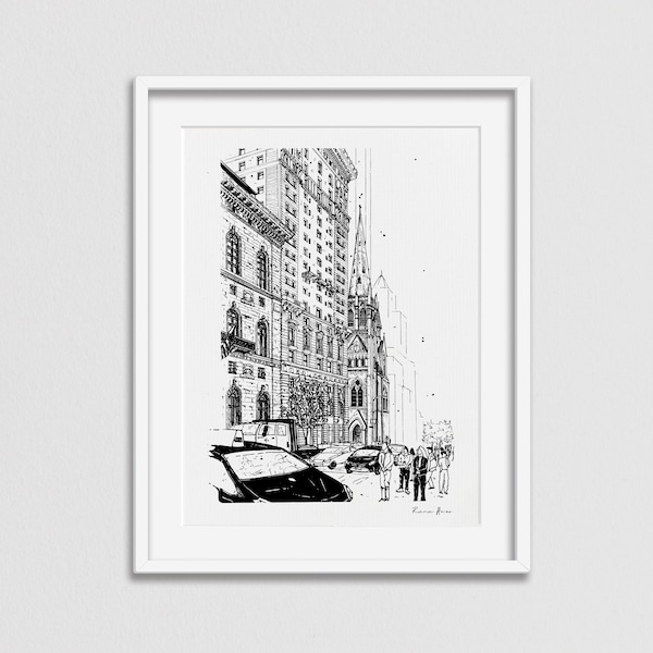 Fifth Avenue Print, New York Art Print, New York City Taxi, Manhattan Print, New York Architecture Hand Drawing, New York Illustration