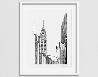 Impresión de Nueva York, Impresión del edificio Chrysler, Cartel de Nueva York, Arte de la pared de Nueva York, Skyline de Nueva York, Regalo de viaje de Nueva York, Dibujo a mano de Nueva York