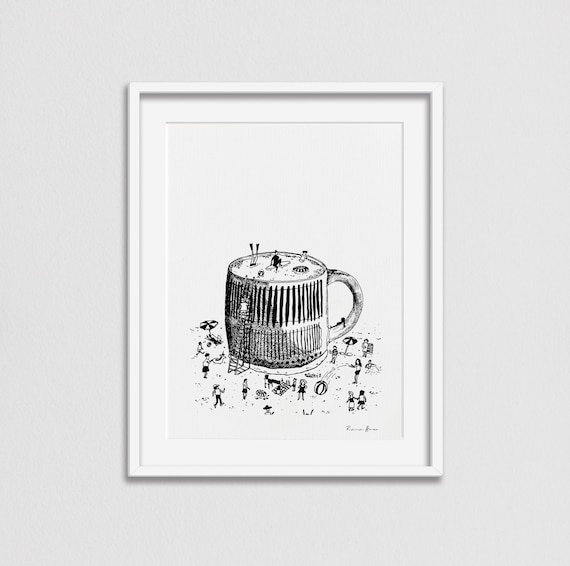 Funny Coffee Art Print: Caffeine Beach Illustration, Barista Gift
