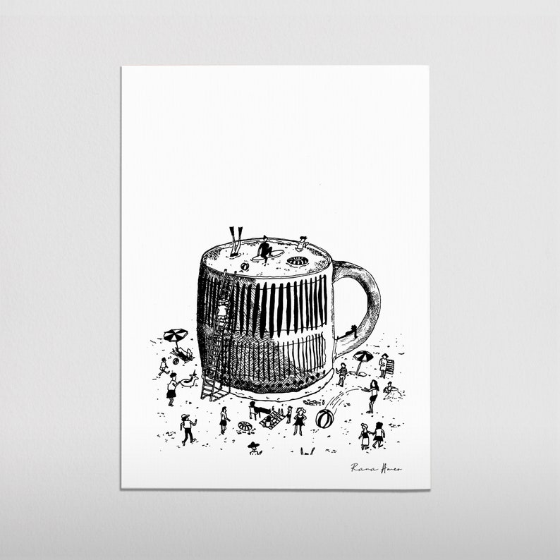 May include: Black and white line drawing of a giant coffee mug with people on the beach around it. The mug is shaped like a building with a roof and windows. The people are all very small in comparison to the mug. The artist's signature, "Rami Moor", is in the bottom right corner.