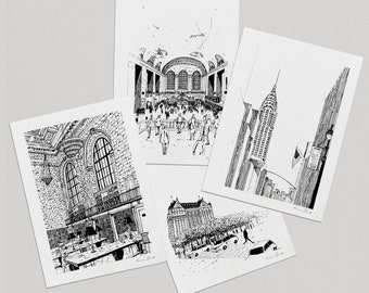 May include: Four black and white ink drawings of New York City landmarks. The first drawing shows the interior of Grand Central Station with people walking around. The second drawing shows the Chrysler Building. The third drawing shows the interior of a building with a large window. The fourth drawing shows a building with a street scene in front of it.