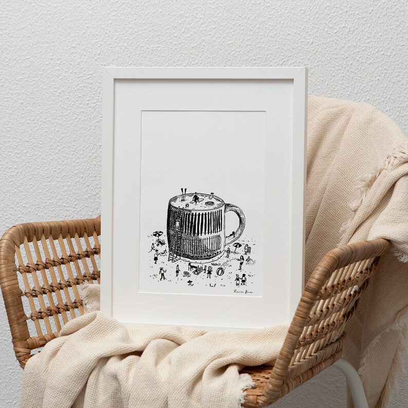 May include: A black and white illustration of a giant coffee mug with people and objects inside. The mug is surrounded by a white border.