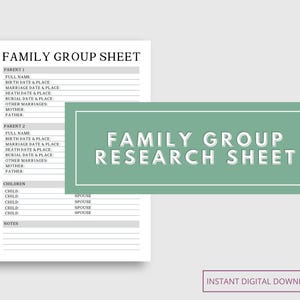 Genealogy Family Group Worksheet | Ancestry Planner | Family Tree Printable | Family Reunion Plan | Genealogist Notebook